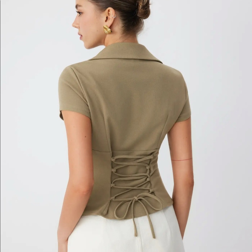 Cider V-Neck Ruched Ruffled Tie Front Blouse - Picture 2 of 5